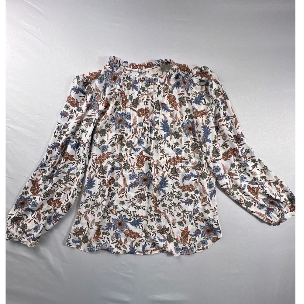 LOFT Womens Floral Ruffle Neck Blouse Small Long Sleeve Keyhole Top White